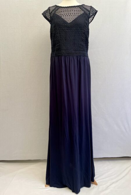 Modest H&M long navy dress with lace front in jersey style fabric. Back zip closure. Size L. It has a small mend on the back top section of the dress.