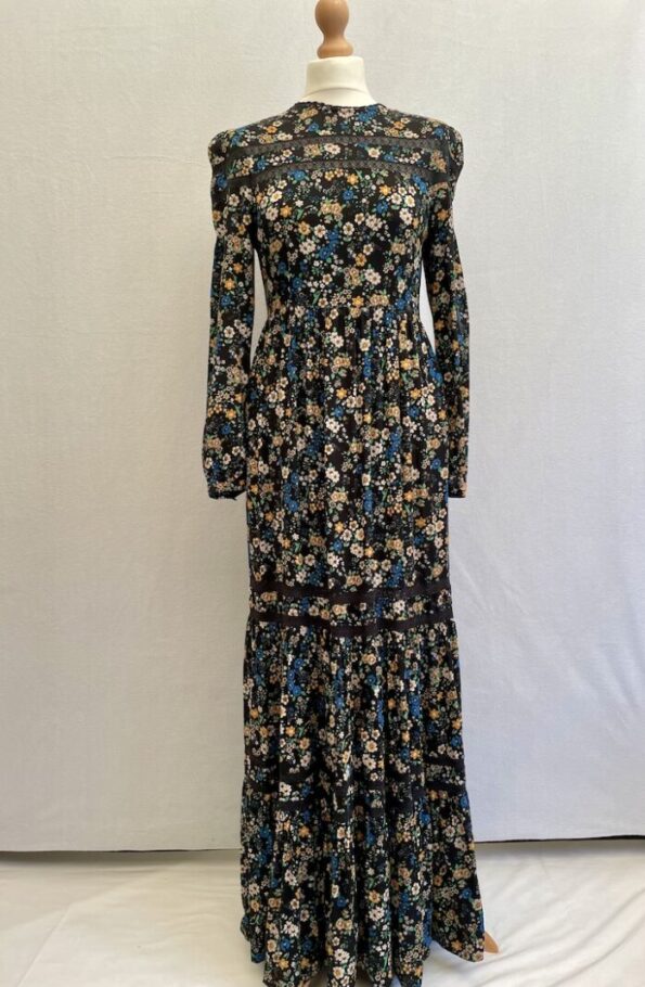 modest preloved long maxi dress by Superdry, long sleeved floral maxi dress with lace detailing and back zip in size 10