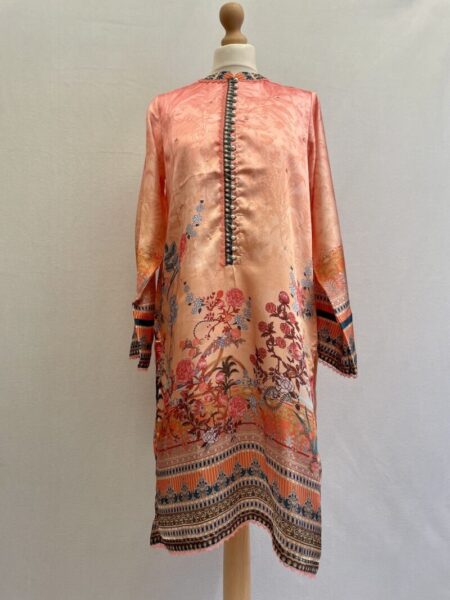 Buy a New with tag J Pret peach kurta satin style kurta in size 12, loose and modest, it has long sleeves and pretty print size 12