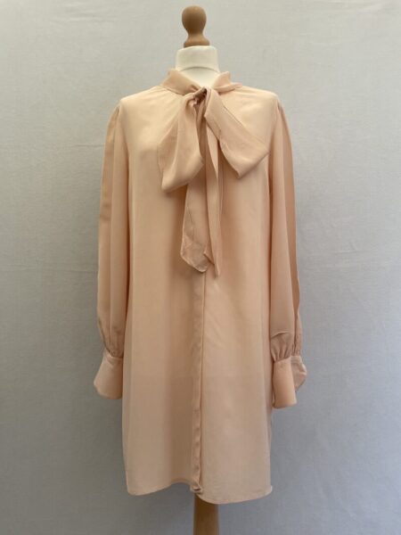 Modern Rarity blush pink blouse with long sleeves, button front and pussy box ribbon at the neckline. It is sheer. 50% silk.