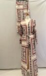 coordinated modest preloved two piece overjacket and wide leg trouser set in beige with rust red and black pattern. Excellent condition. Size 10/12