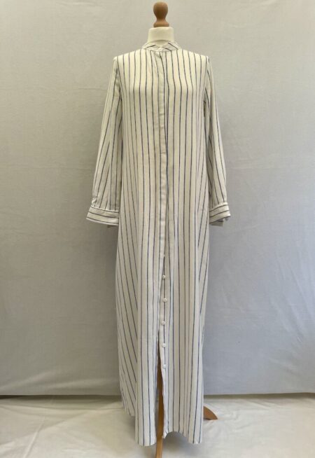 Tavin white with blue pinstripe long shirt. Long sleeves, button down front. Has bobbling down the side under the arms