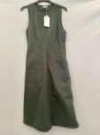 Uniqlo green denim pinafore dress with button sides and at the shoulder and two pockets at the front in size 6