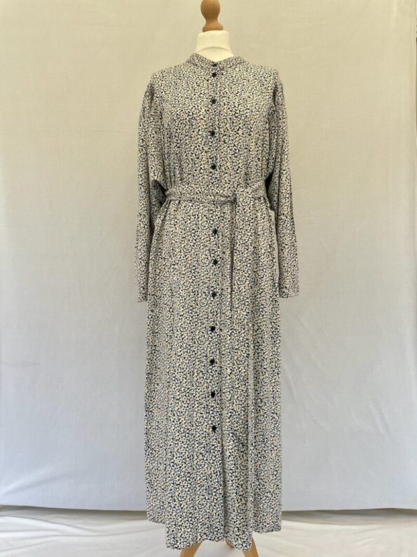 H&M blue pattern button front dress with long sleeves and a fabric belt, size L