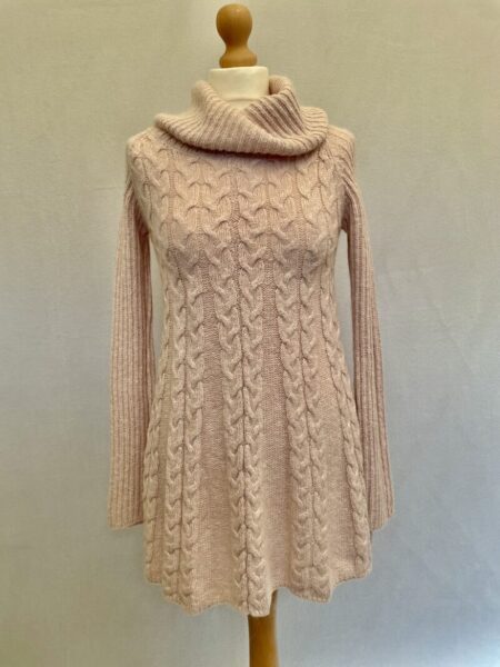 Buy this cosy Phase Eight cable knit long light pink jumper with cowl neckline, size 8. Fabric includes alpaca wool and cotton.