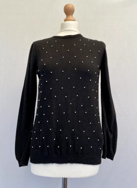 Zara knit black angora mix jumper with diamond pattern and white pearls, size S