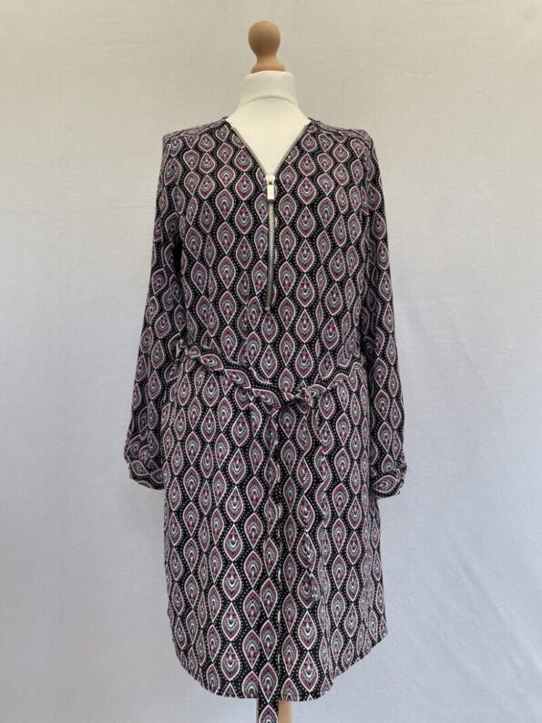 George purple patterned long sleeved tunic dress with a chunky silver zip, size 12