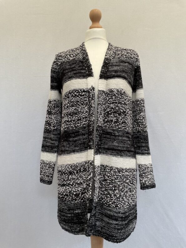 Papaya black and white boucle style open front cardigan, size S