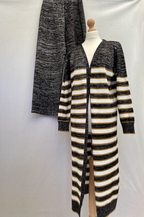 Refka 2pce glittery black, cream and brown open front long cardi with wide leg trousers