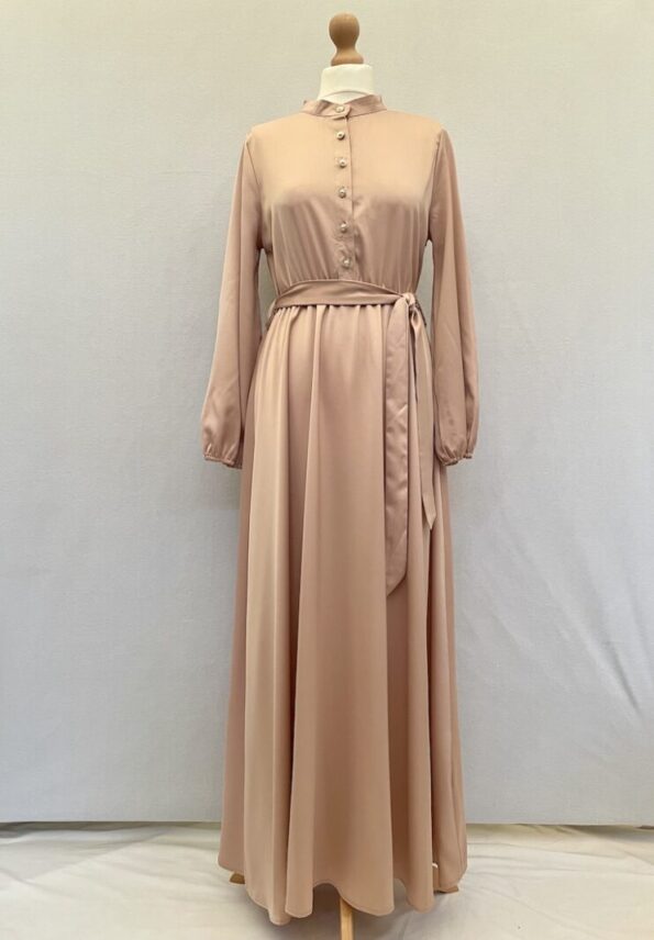 pale pink satin abaya dress with fabric belt and flared skirt in size m