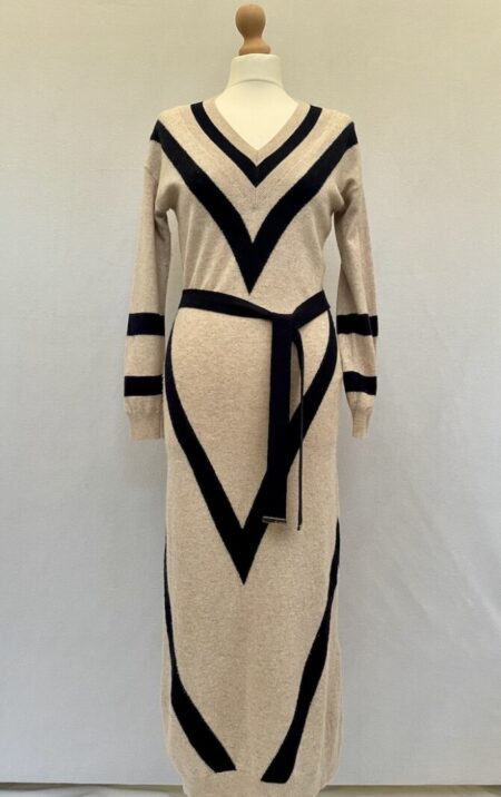 Ted Baker long knitted dress in oat with navy blue chevron stripes