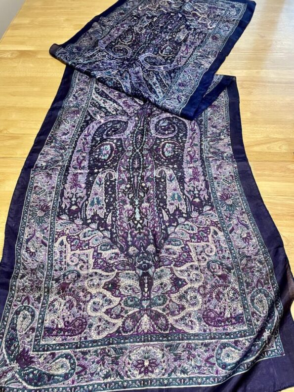 Pure silk long blue paisley patterned hijab scarf